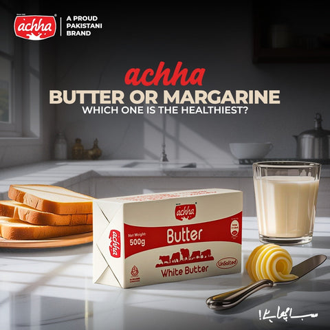 achha butter on a kitchen shelf with some toast and a glass of achha milk.