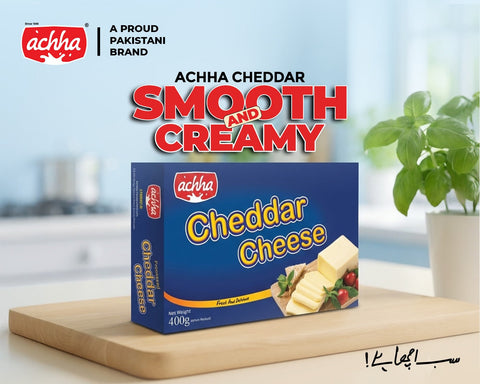 achha cheddar cheese which is smooth and creamy by achha foods to make delicious and quick cheesy food.