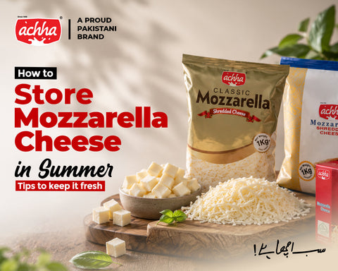 Fresh Achha Foods mozzarella cheese block stored in an airtight container inside a refrigerator during summer.