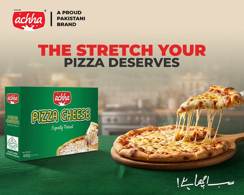 Achha Pizza Cheese block with smooth melt and cheese pull on a baked pizza slice