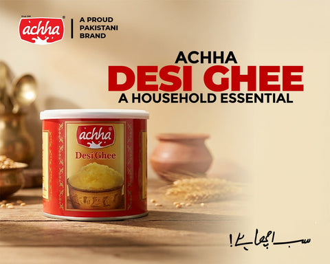 Premium Achha Desi Ghee made from pure milk fat, showcasing rich golden color and traditional dairy quality, ideal for cooking, frying, baking, and authentic Pakistani and Indian recipes, highlighting purity, aroma, and wholesome nutrition.