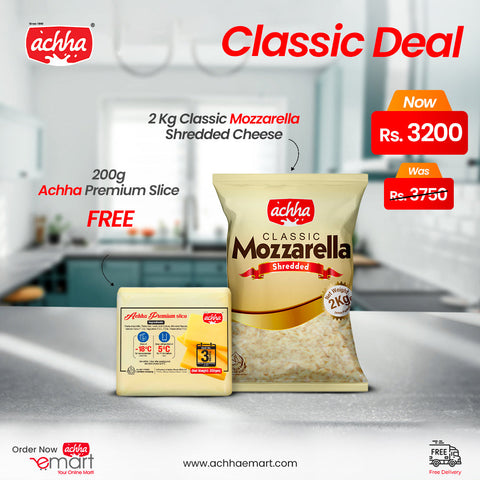 Achha Foods cheddar cheese, mozzarella cheese, Burger cheese and pizza cheese pack, best cheese in Pakistan available online