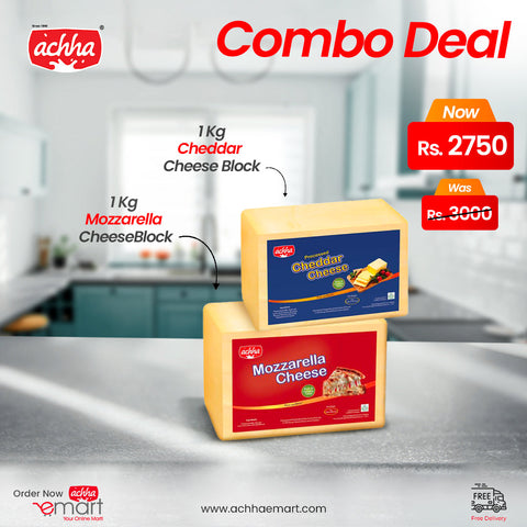 Achha Foods cheddar cheese, mozzarella  cheese and pizza cheese pack, best cheese in Pakistan available online