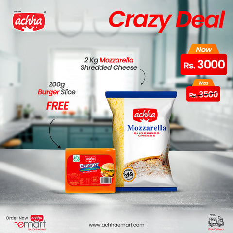 Achha Foods cheddar cheese, mozzarella cheese and pizza cheese pack, best cheese in Pakistan available online