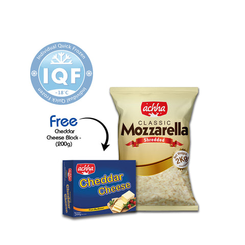 Achha IQF Classic Mozzarella 2kg Shredded Cheese with IWS cheddar slices
