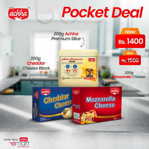 Achha Foods cheddar cheese, mozzarella cheese, Burger cheese and pizza cheese pack, best cheese in Pakistan available online